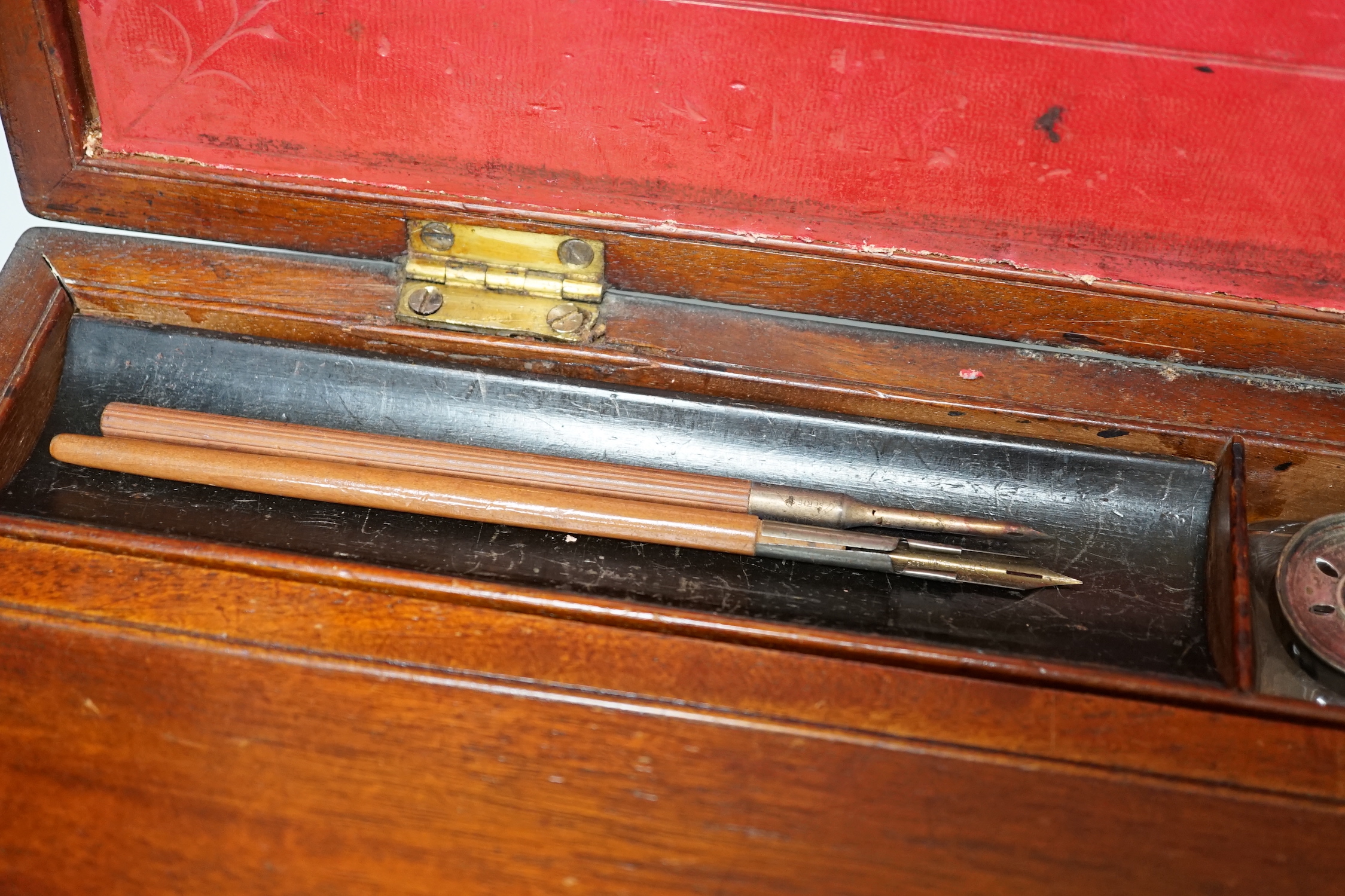 A Victorian mahogany shell inlay writing slope, with interior red Morocco leather stationery sleeve, slope, 40.5cm x 13.5cm high